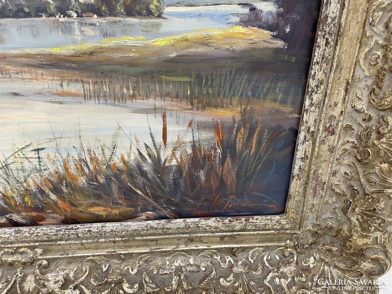 Antique Austrian painting landscape lake shore blondel frame