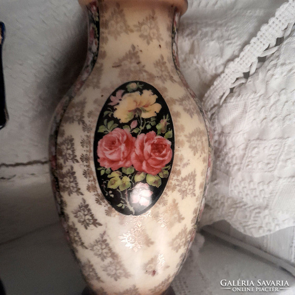 Antique medallion gilded rose faience vase - art&decoration