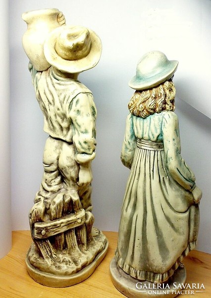 Flemish boy-girl, large-sized burnt plaster glazed statue pair, unique rarity