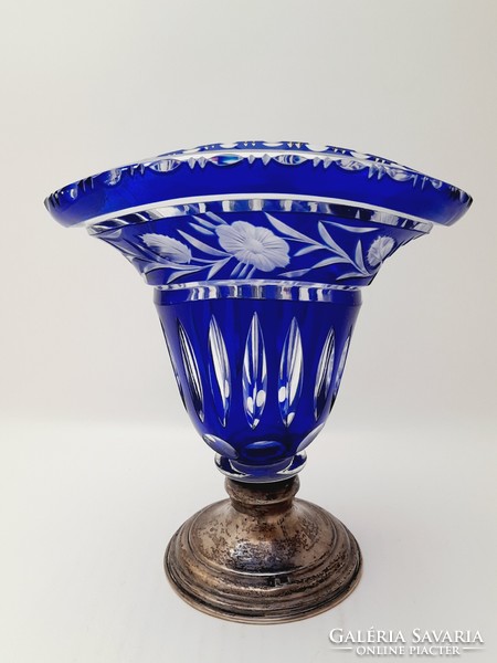 Kék kristály váza, ovális forma, jelzett, 18,2 cm