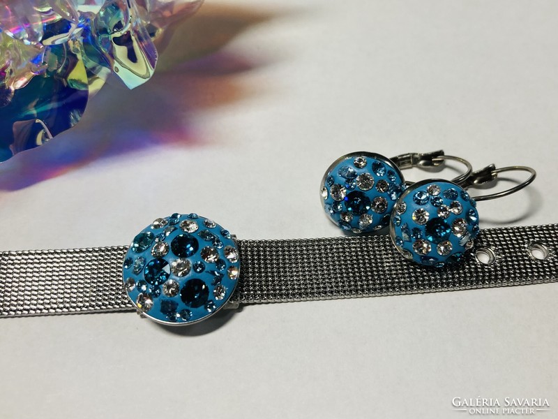 Unique stainless steel bracelet with watch strap, round turquoise-based swarovski crystal decoration
