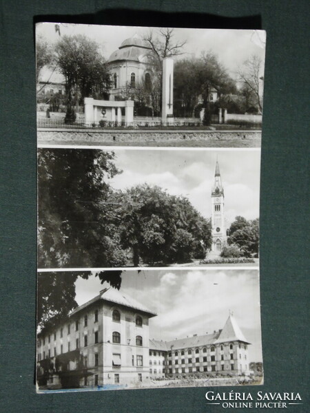 Postcard, aszod, mosaic details, boys' educational institute, heroic monument, church, Podmaniczky Castle