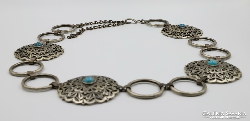 Turquoise stained silver pierced belt