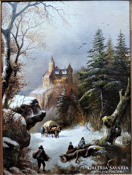 Quality oil painting, winter landscape with castle and people, ca. 1900!!!