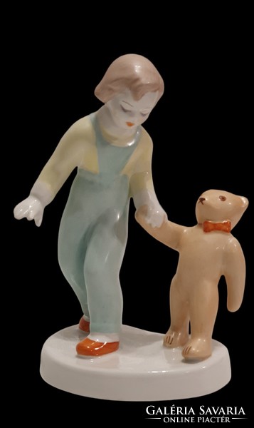 Aquincum porcelain. Bear girl. Little girl walking a teddy bear.