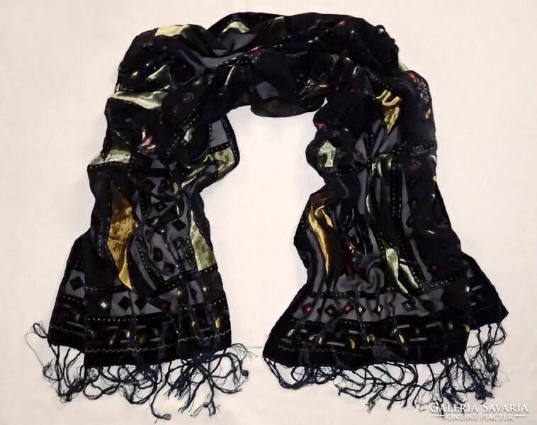 Beautiful, large, black patterned, fringed, motif, exotic women's scarf shawl made of velvet-like material