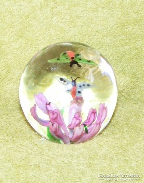 Glass paperweight with butterfly and flowers, decorative object