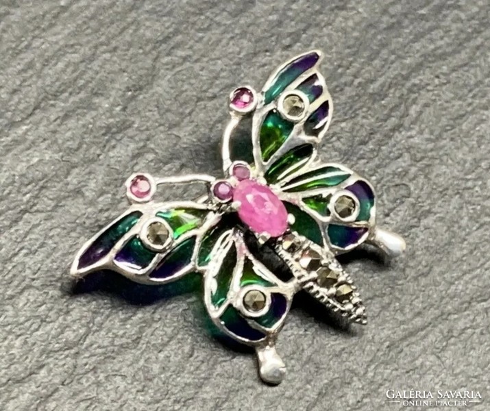 Butterfly silver brooch, with ruby, marcasite and fire enamel silver /925/ --new