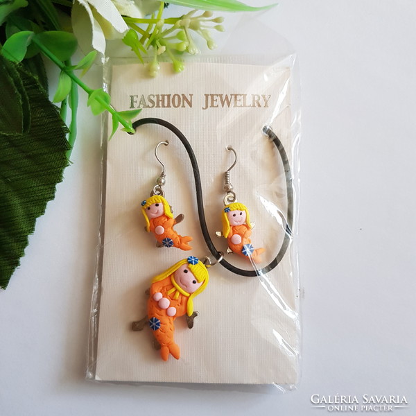 New, orange, mermaid-decorated jewelry set: necklace + earrings