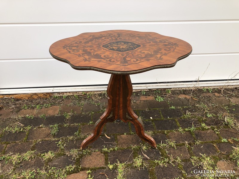 Inlaid salon table with copper handles