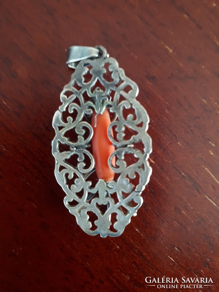 Unmarked antique silver pendant / pendant with coral inlay