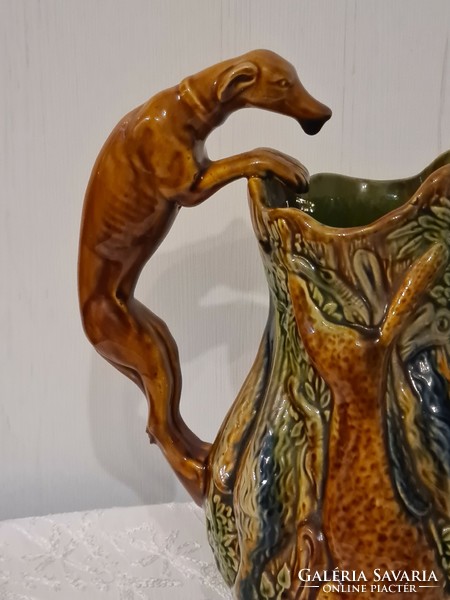 Extra rare antique hunting majolica jug with hunting vizsla ferdinand gerbing