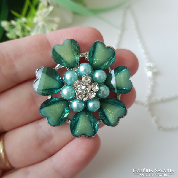 New flower-shaped necklace with rhinestones, blue pearls and green stones, bijoux