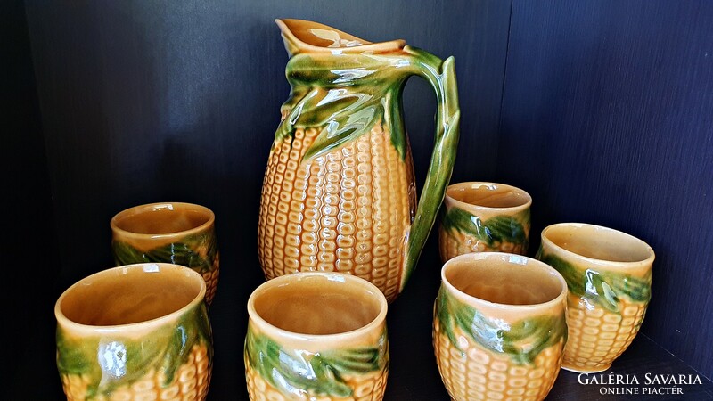 Corn pattern, old ceramic, retro, wine jug, with 6 glasses. Complete wine set