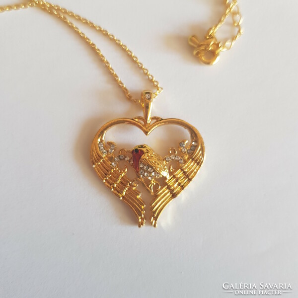 New, rhinestone heart-shaped, bird-decorated bijou necklace