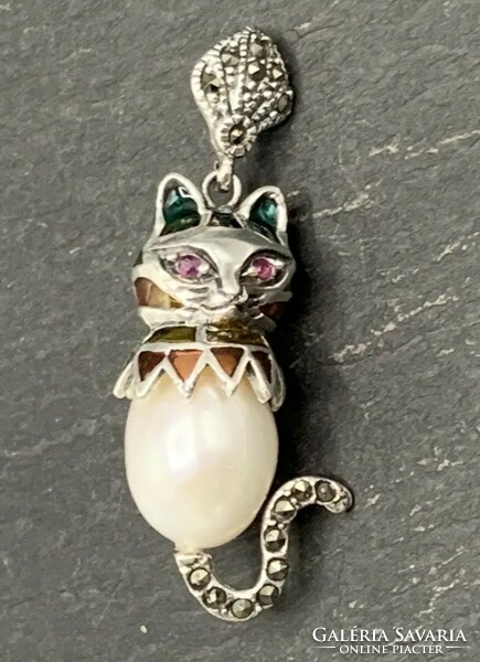 Special cat silver pendant with ruby eyes, marcasite and fire enamel /925/ --new