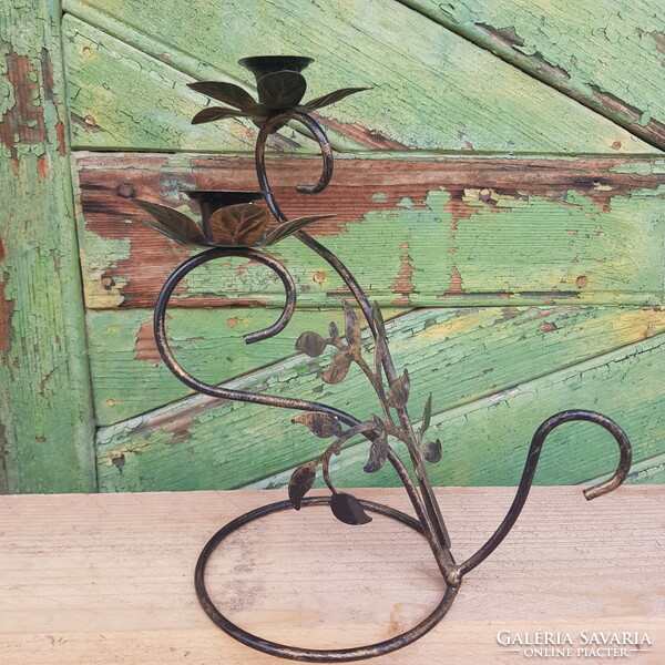 Wrought iron two-prong candle holder
