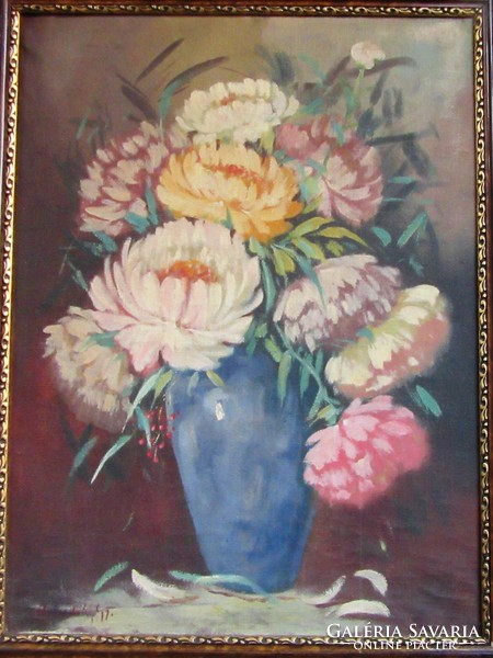 Olvashatatlan jelzéssel 1920-40 körül működött, magyar festő: csendélet, olaj vászon,80x60