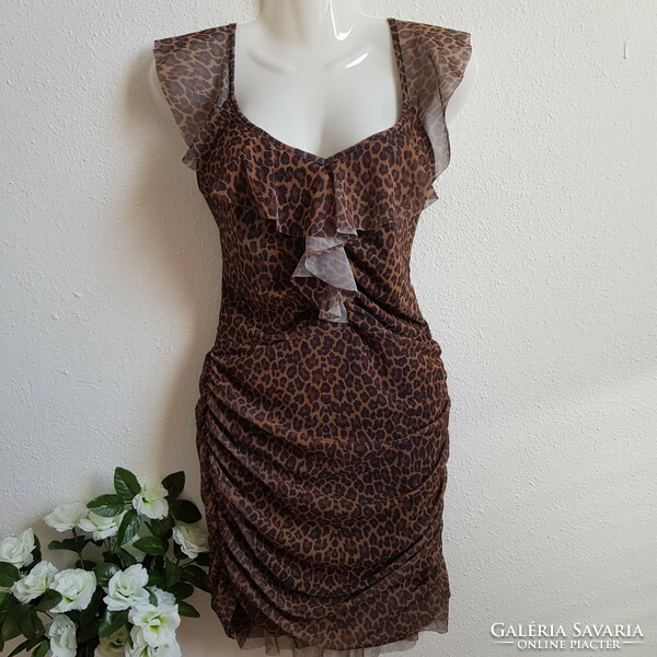 New, 40/m leopard print, ruffled mini dress, bodycon dress