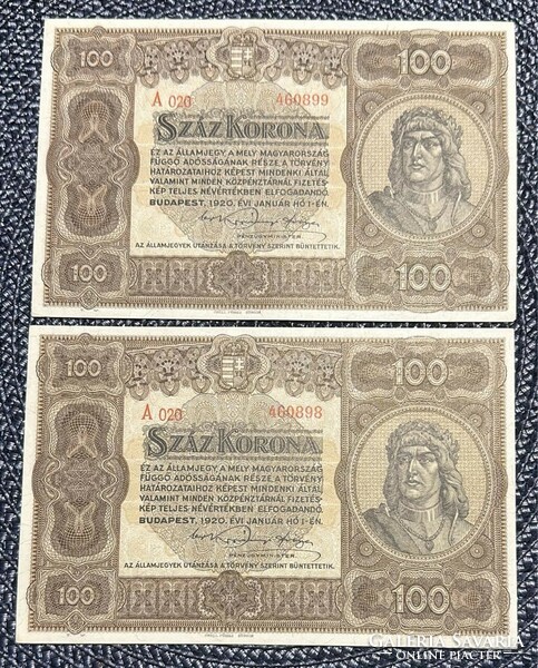 100 korona 1920 - 2db sorszámkövető - aUNC
