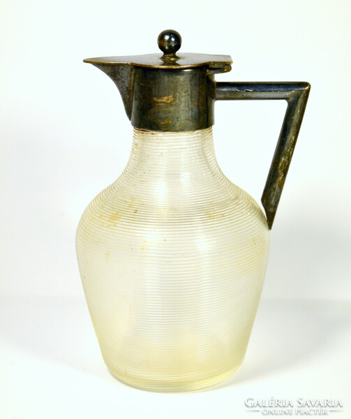 Art deco small oil or vinegar pourer with silver plated head and ribbed glass body