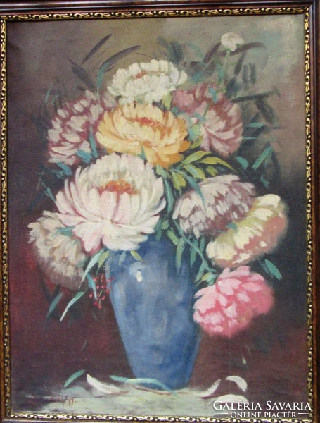 Olvashatatlan jelzéssel 1920-40 körül működött, magyar festő: csendélet, olaj vászon,80x60