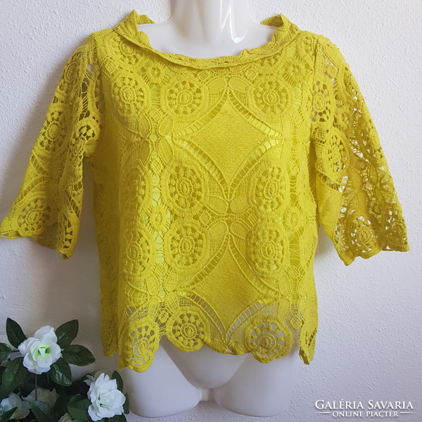 New 32/xs Yellow Crochet Lace Casual Blouse Top