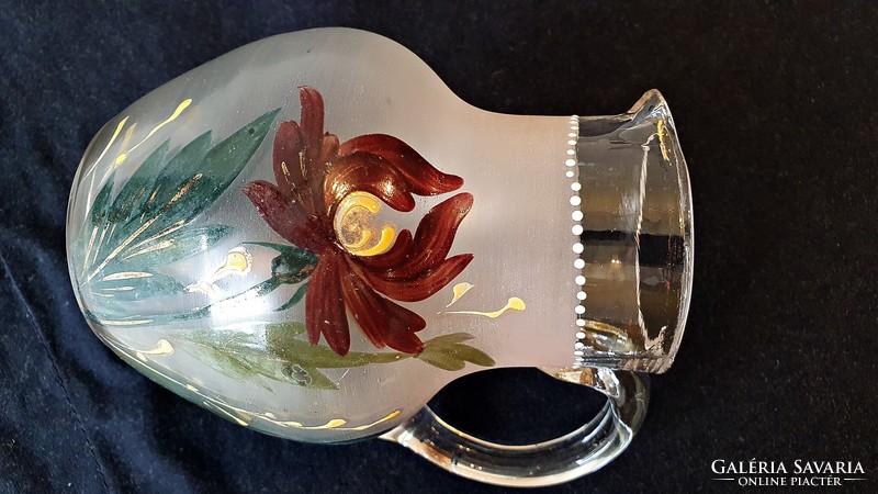 Small old acid etched glass jug. Hand painted. Floral. 12 cm high.