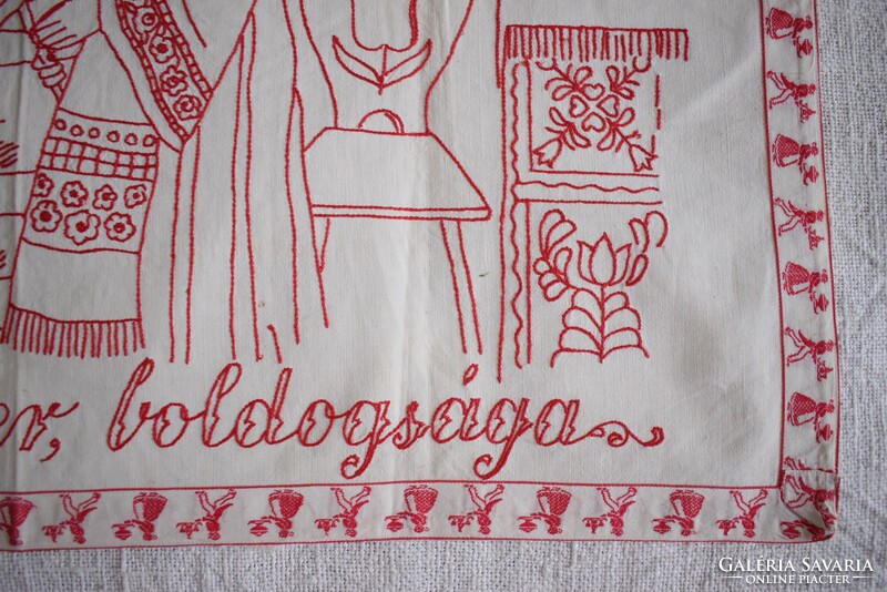 Antique ethnographic embroidered handwork Hungarian kitchen wall decoration 71 x 54 cm