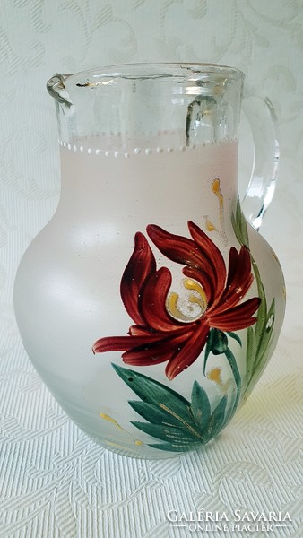 Small old acid etched glass jug. Hand painted. Floral. 12 cm high.