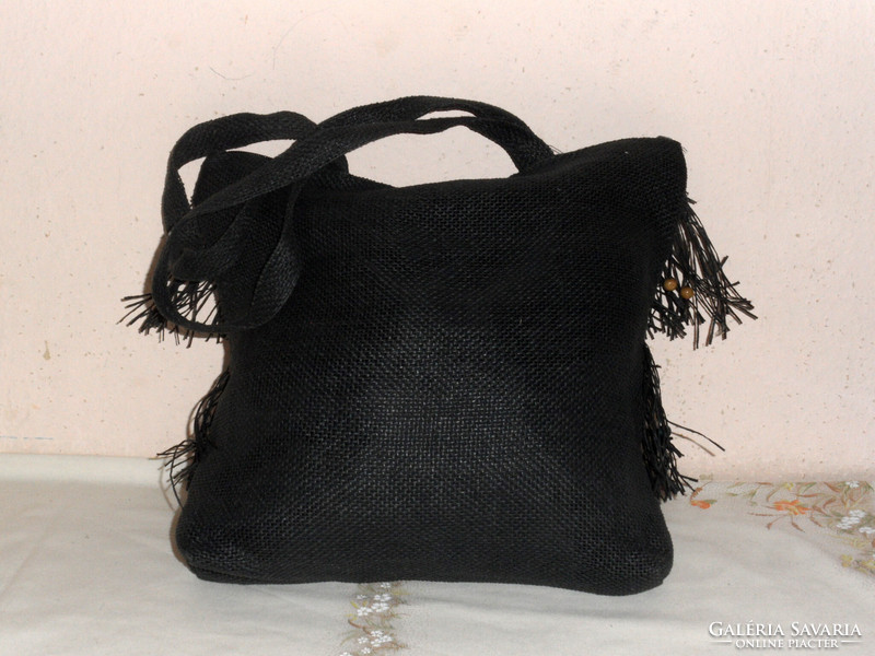 Black textile fringed shoulder bag, beach bag