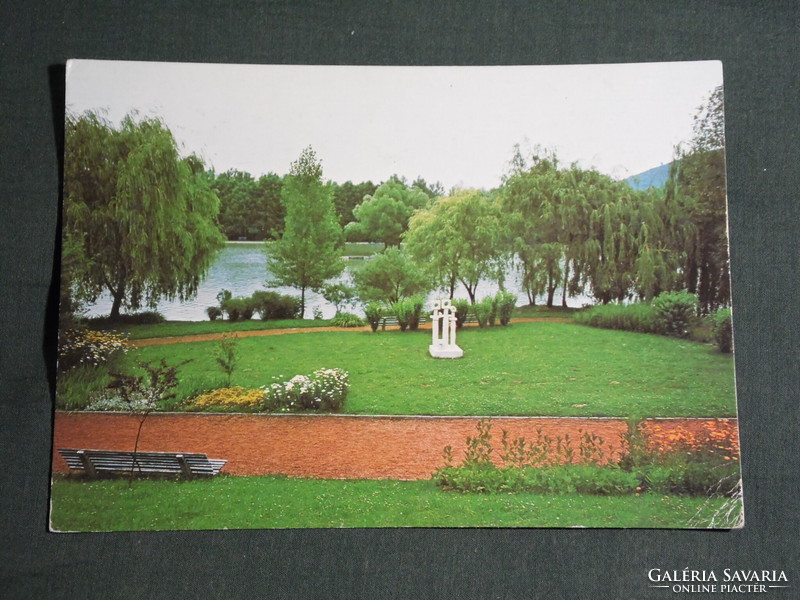 Képeslap, Abaliget  csónakázó tó, park részlet, térplasztika szobor
