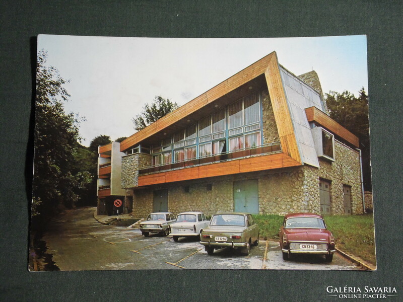 Postcard, Abaliget sanatorium view, parking detail, Wartburg, Trabant, Skoda, Zaporozhe car