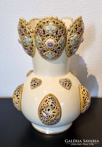 Antique historicizing Zsolnay vase with colored openwork appliqués, 1887. Around - repaired!
