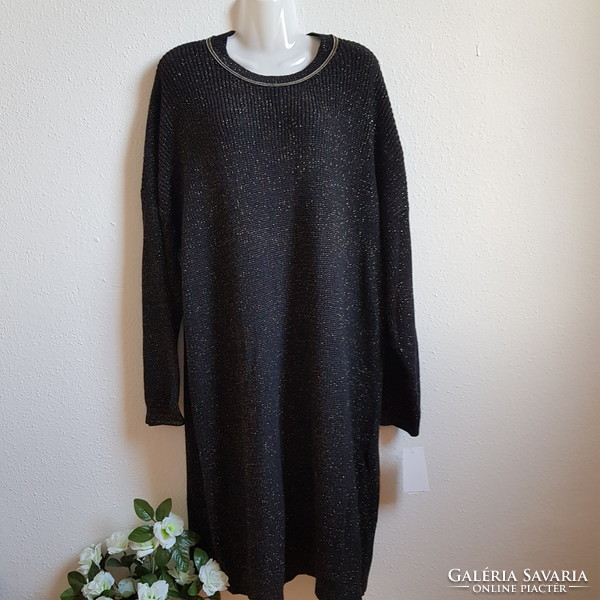 New, approx. 4Xl shiny black oversize knitted dress, tunic, elongated hoodie in golden color