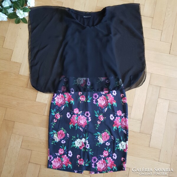 New 36/s black color muslin embellished casual dress with floral print skirt part