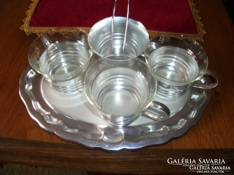 Old heat-resistant tea set, with tray, sugar bowl, tongs. Unused