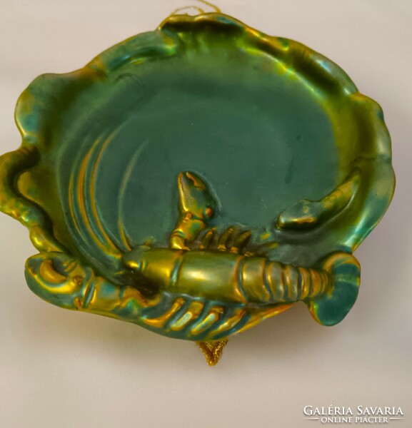 Zsolnay eozin zöld aranymázas homáros,kígyós porcelán hamutál