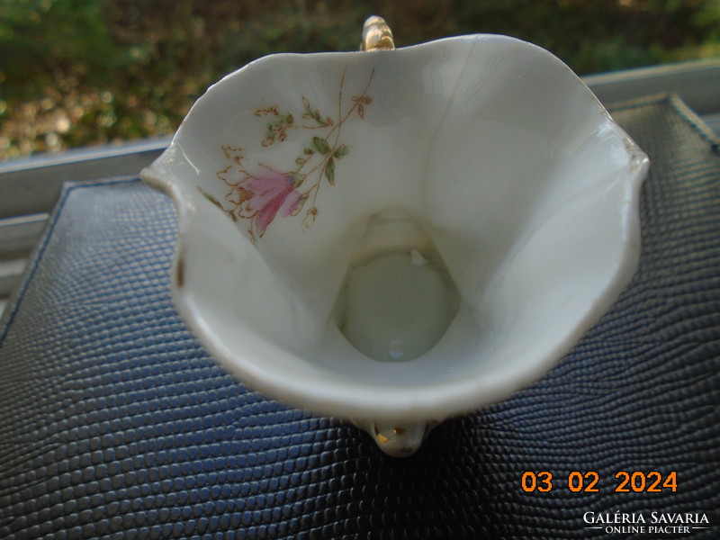 Antique rare classicist wavy cornucopia horn-shaped coffee cup with hand-painted flower pattern