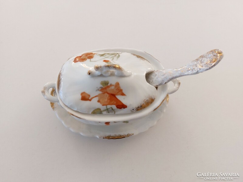 Old Viennese porcelain bowl with protected lid offering caviar with a poppy pattern