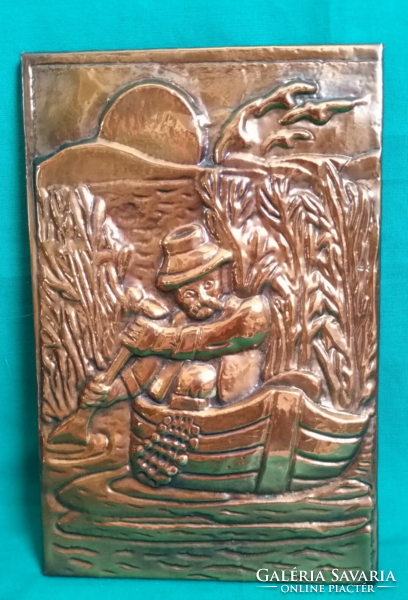Pressed metal scene wall decoration - made of bronze or copper - balaton, boat, fisherman figure
