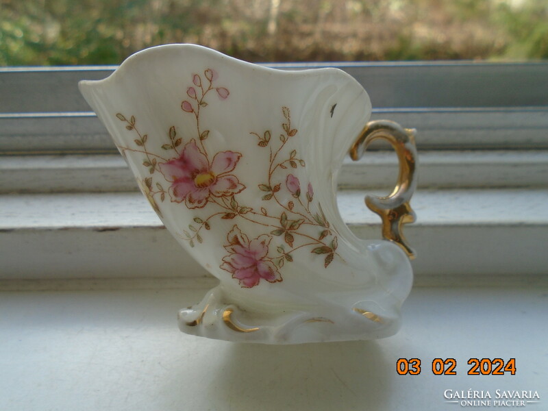 Antique rare classicist wavy cornucopia horn-shaped coffee cup with hand-painted flower pattern