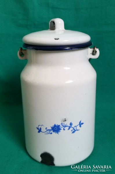 Enamel blue with floral decor, white mini milk jug, village peasant, decoration vintage