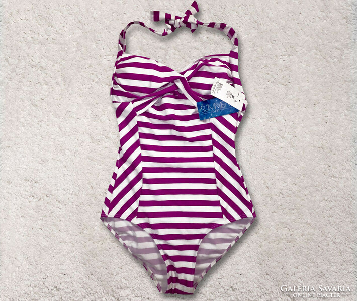 New, label, f&f brand, size 38, purple and white striped women's one-piece swimsuit