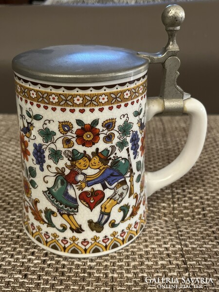 Bmf beer cup with beautiful motifs, tin lid (rein zinn, marked). Flawless!