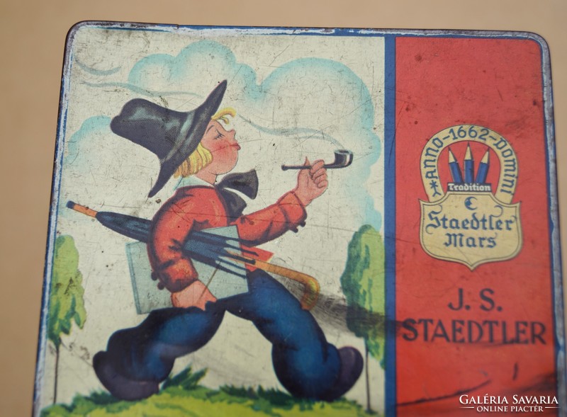 Régi antik német fémdoboz J. S. Staedtler színes ceruza készlet doboza és néhány ceruza
