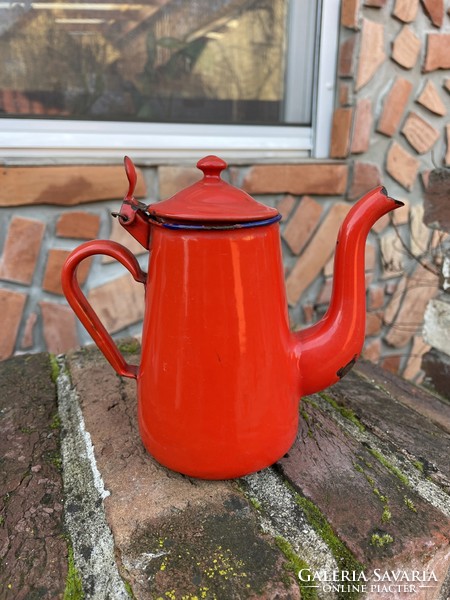 A rare shaped red coffee pot with enamelled village peasant nostalgia