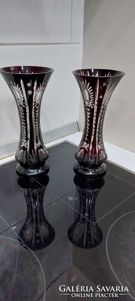 Pair of burgundy crystal glass vases