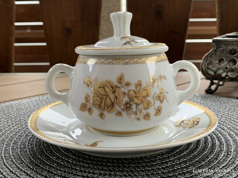 Limoges sugar bowl v. Honey and jam holder, honey holder, jam holder, on a flawless white background with golden roses