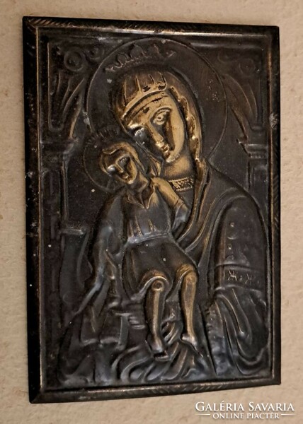 Régi kegykép, lemezkép ,Mária  gyermekével.vékony bronzlap. 11x16 cm.
